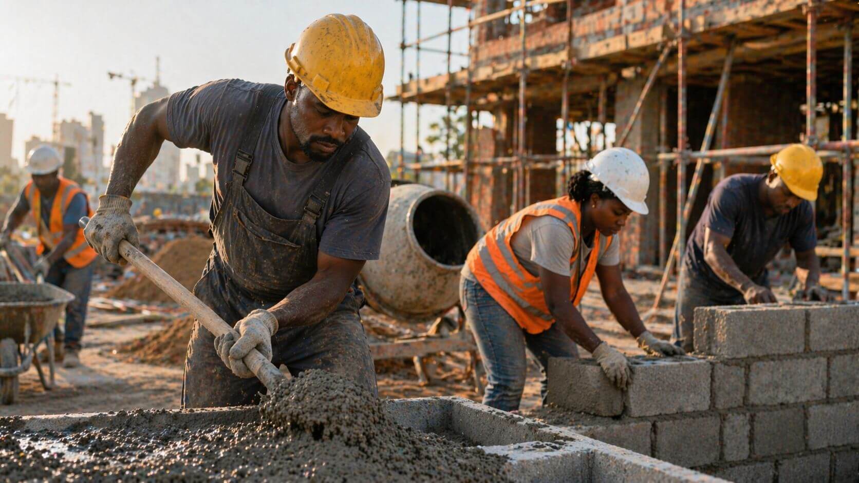 Construction crew at golden hour