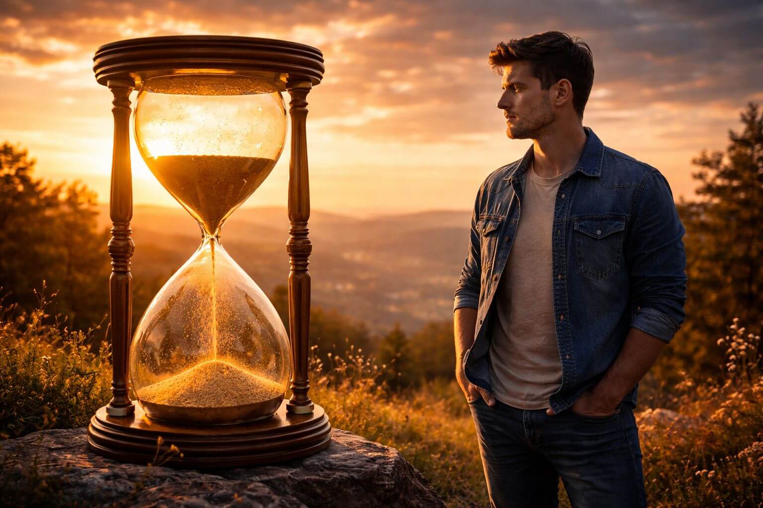 Contemplation at sunset with hourglass