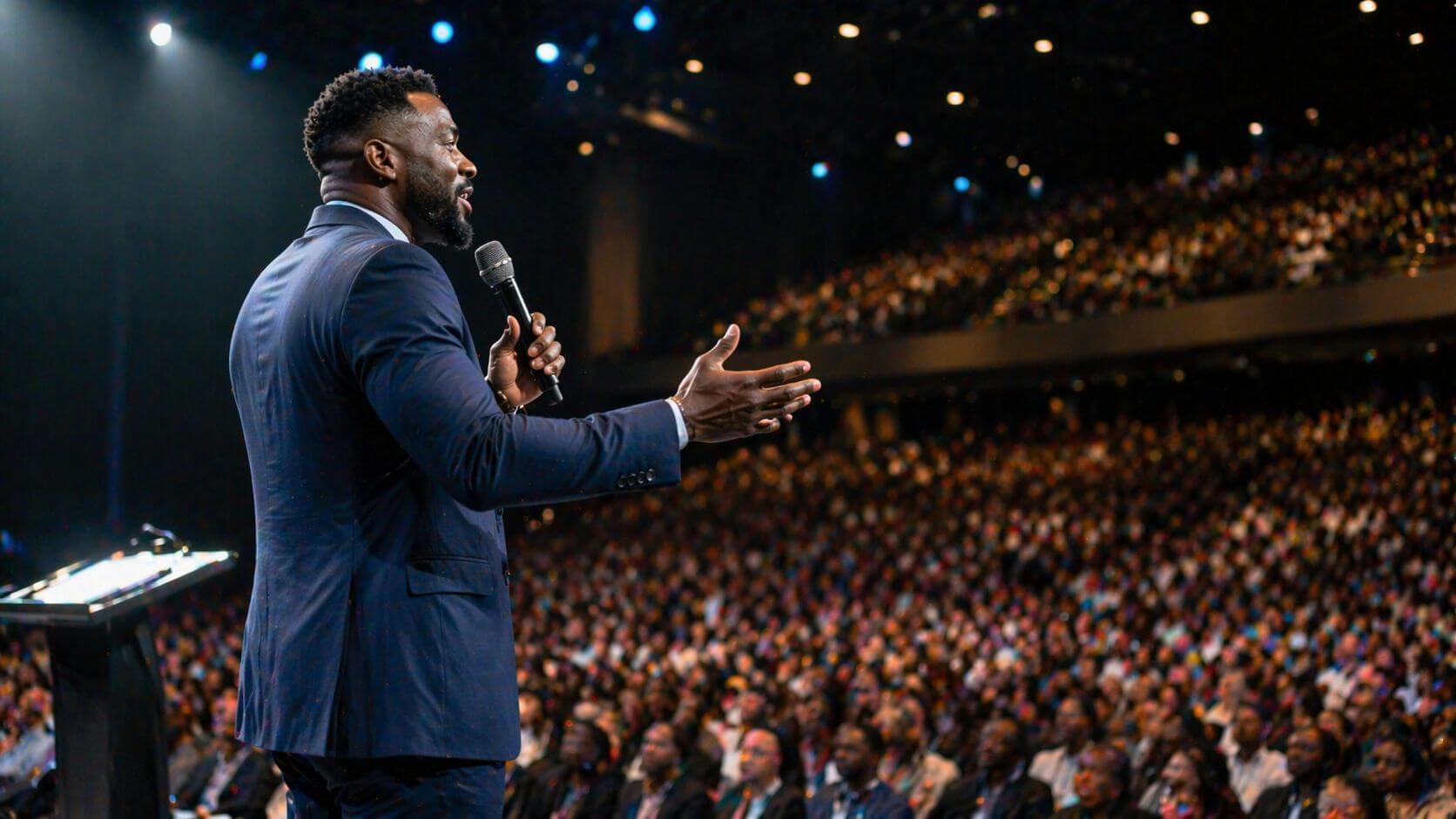 Engaging speaker in a grand auditorium

