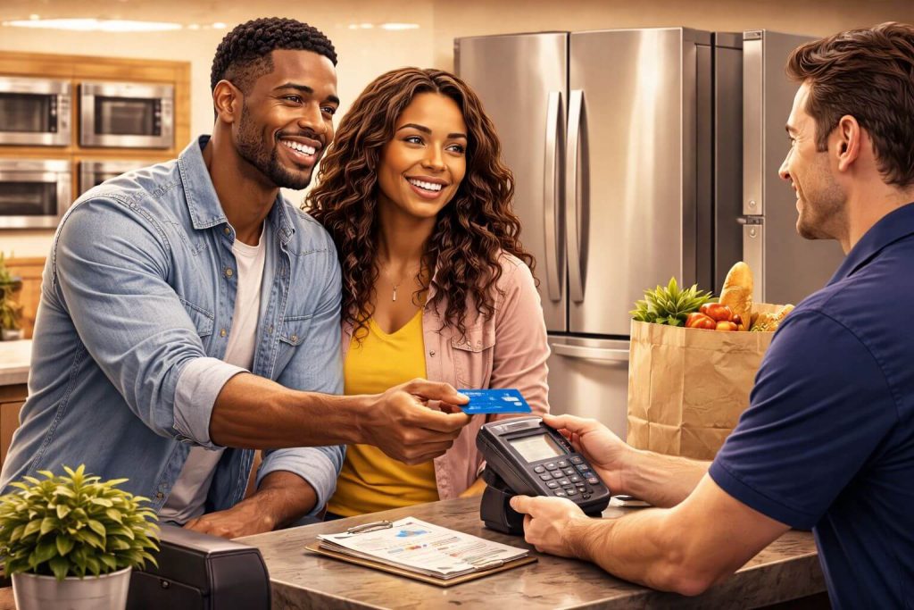 Av couple usig a debit card to purchase a fridge